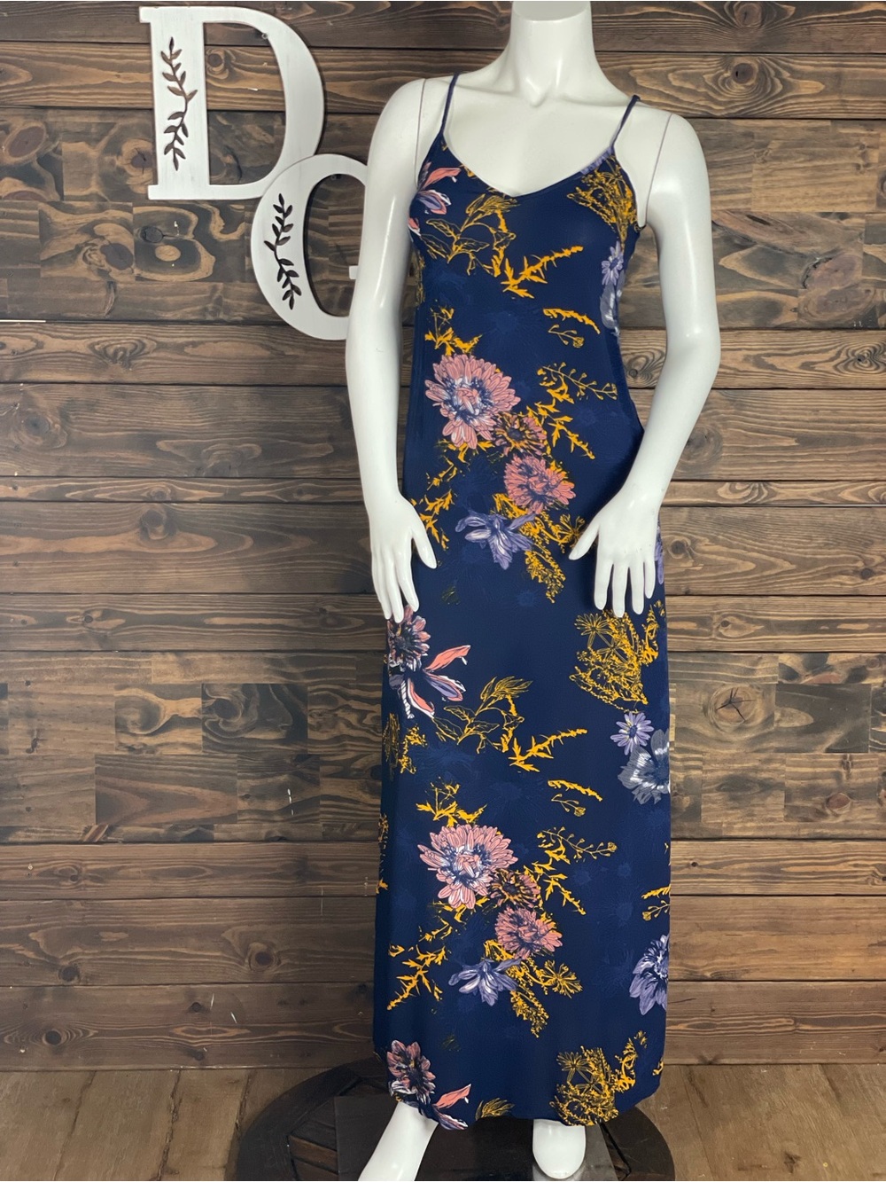 Xhilaration | Navy Floral Slip Maxi Dress Open Strappy Back Slit Hem Colorful